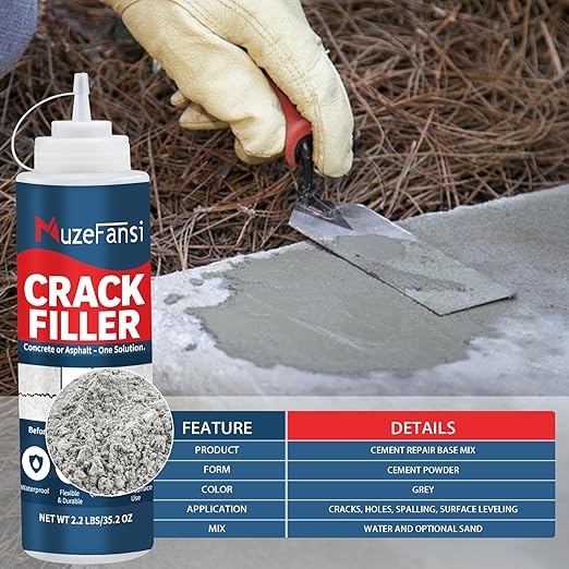 Concrete Crack Filler, Concrete Crack Sealant, Cement Powder for Concrete Crack Filling and Surface Patching, Mix with Water or Sand, Grey Cement Crack Filler for Walls, Floors, Driveways（2.2LB）
