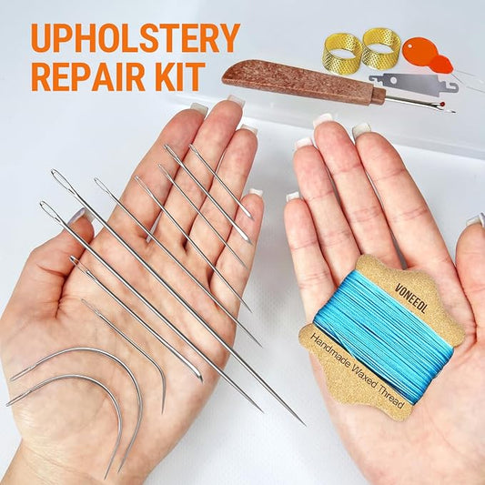 VONEEDL Upholstery Repair Kit: Waxed Sewing Thread (Light Blue Color) & Heavy Duty Needles (11 PCS) for Leather, Canvas & Quilting Thread
