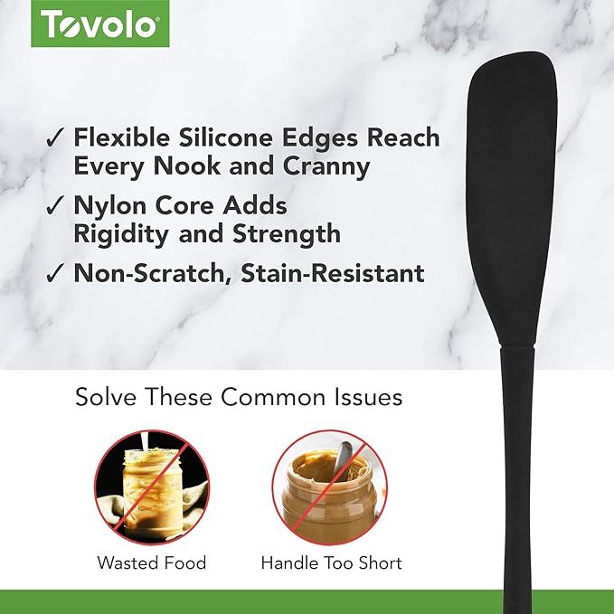 Tovolo Silicone Jar Spatula Long Handled Rubber Scraping Scooping Tool for Peanut Butter Jam Jelly Jars Blenders, Easy Reach Extra Long Flex Core Silicone Jar Scraper Dishwasher Safe BPA Free, Black