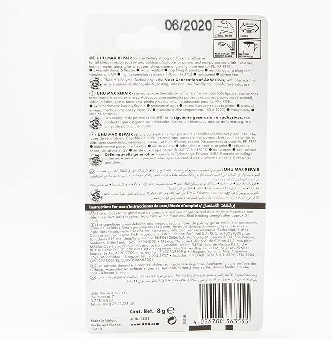 UHU Max Repair Power Adhesive (0.28 oz): Clear Strong Flexible Glue for Indoor & Outdoor Repairs, Heavy Duty All-Purpose Adhesive, Waterproof, Dishwasher-Safe, Gap Filling, Temperature & UV Resistant