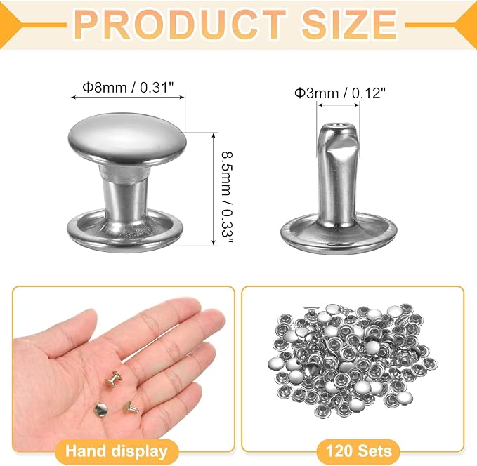 uxcell 120Set Leather Rivets, 8mm Double Cap Rivet Tubular Metal Studs Repairs Decoration Craft Accessories for Repair Decorate Leather Craft Belt Bag Shoes Purse Belts, Silver