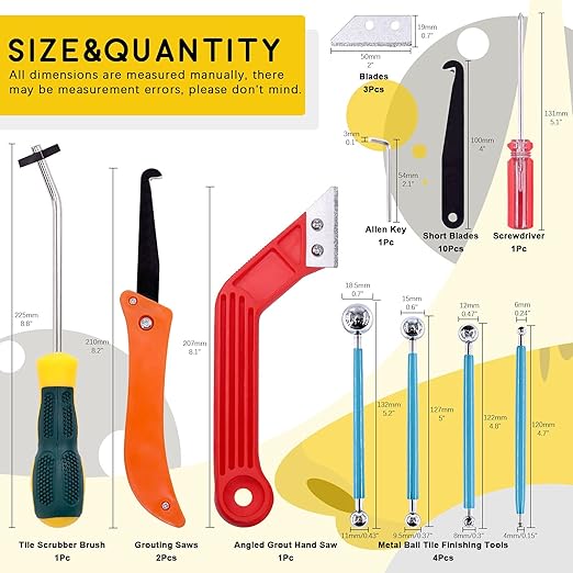 Grout Remover Kit - 22 Pcs Includes Grout Saw, Screwdriver, Dotting Tools, Caulking Tools & Grout Cleaner