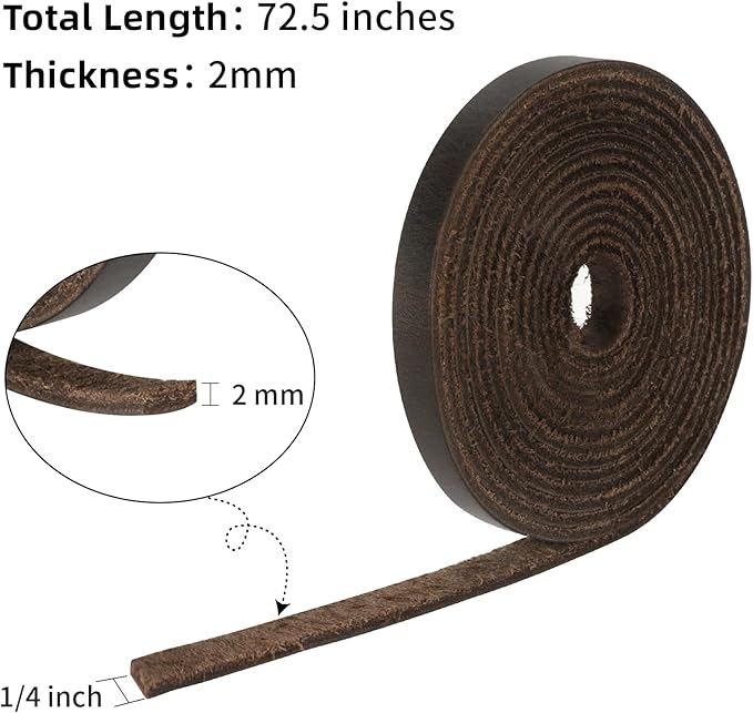 Ringsun 1/4 Inch Wide Flat Leather Strips, Full Grain Leather StrapsCord String for Crafts, Tooling (2mm Thick 72.5 Inches Long Black Coffee)