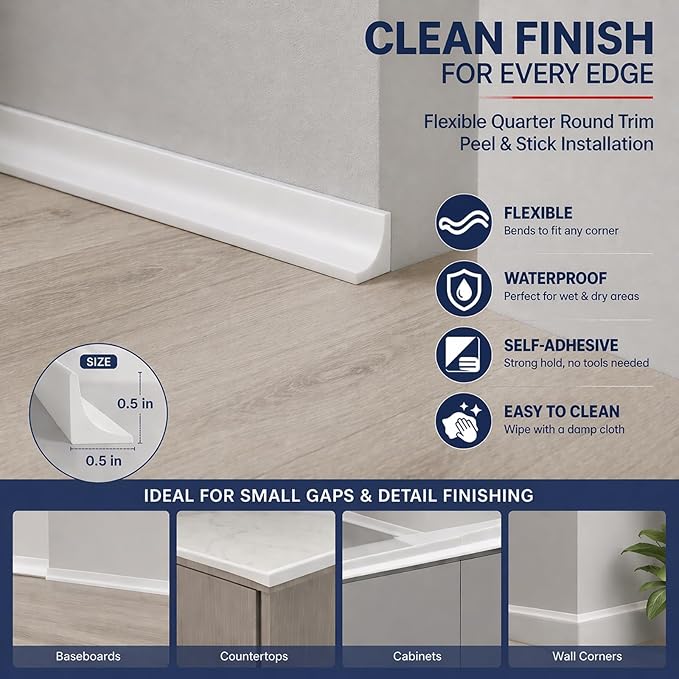 1/2 inch Flexible Quarter Round Molding Trim, Peel and Stick Silicone Baseboard Trim, Self Adhesive Wall Corner Trim, Waterproof Edge Trim for Floor, Cabinet, Bathroom, Kitchen (White)