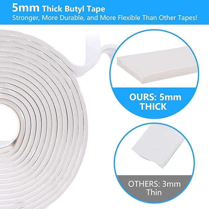 LLPT Butyl Tape White 2 Inch x 16.5 Feet 5mm Thickness Water Tight Seal for Leak Proof EPDM RV Repair Window Glass Boat Sealing Roof Pipe Patching(WST5105)