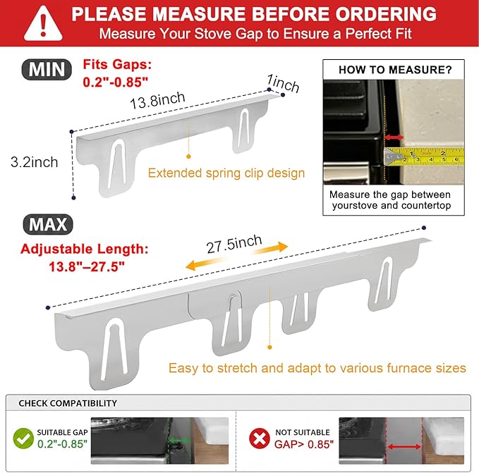 Stove Gap Covers Stainless Steel, Retractable Stove & Counter Gap Filler (13.8''–27.5''), Width 1'', Heat Resistant Metal Guard Between Stove and Countertop, Silver