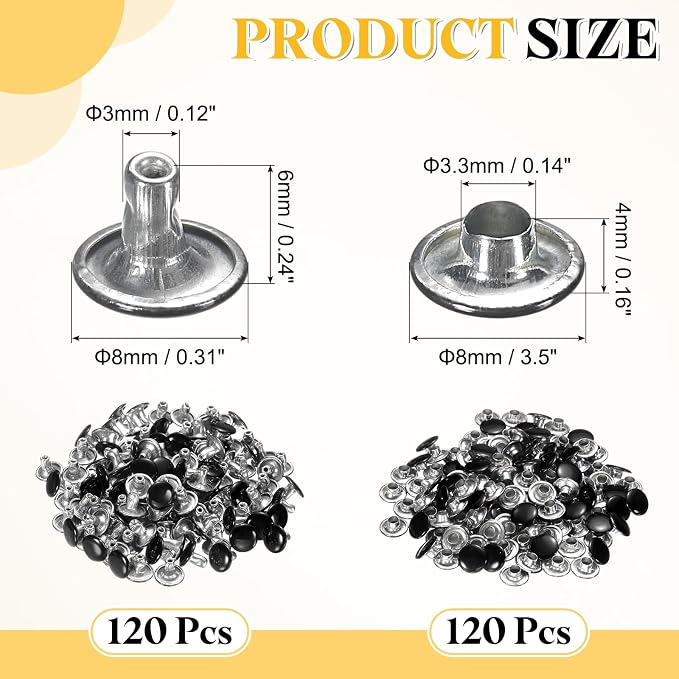 uxcell 120 Sets Leather Rivets, 8mm Double Cap Rivets, 6mm Height Tubular Metal Studs for Leather Craft Repair and Decoration DIY Clothes, Shoes, Bags, Belts, Bright Black