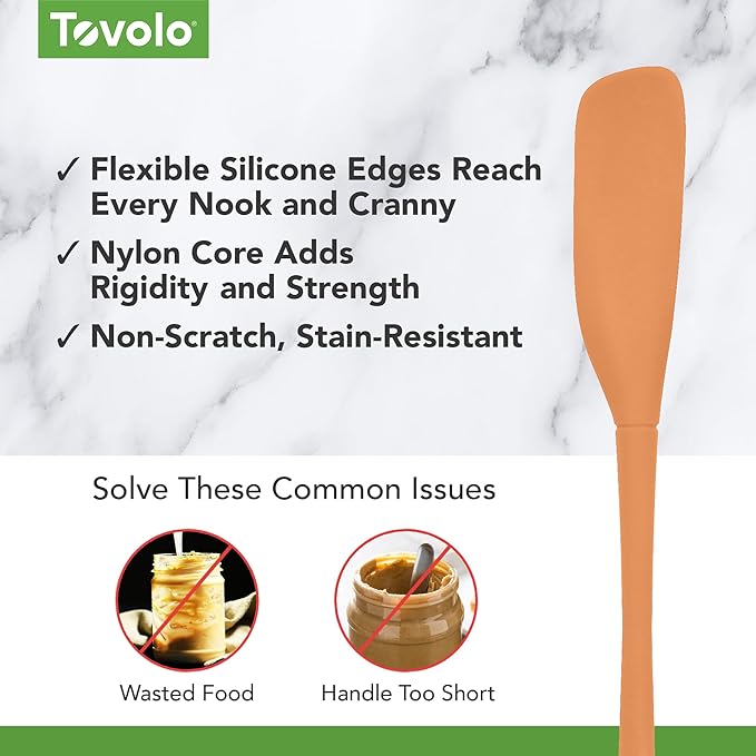 Tovolo Silicone Jar Spatula Long Handled Rubber Scraping Scooping Tool for Peanut Butter Jam Jelly Jars Blenders, Extra Long Flex Core Silicone Jar Scraper Dishwasher Safe BPA Free, Apricot Orange