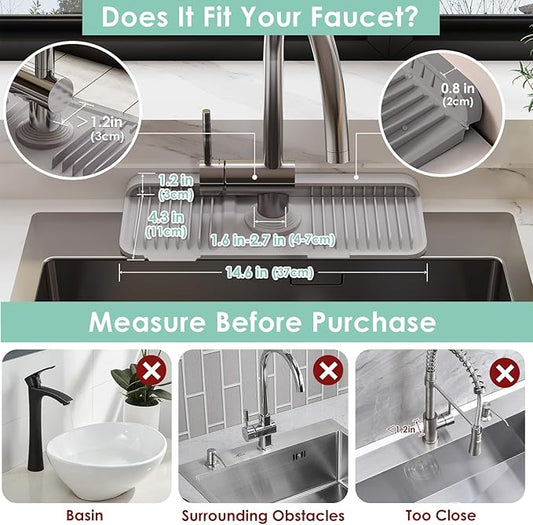 24 Inch Silicone Faucet Mat for Kitchen Sink Splash Guard - 7° Slope Water Draining Mat With Fasten Button for Bathroom Area (Gray, 14.6''x5.5'')