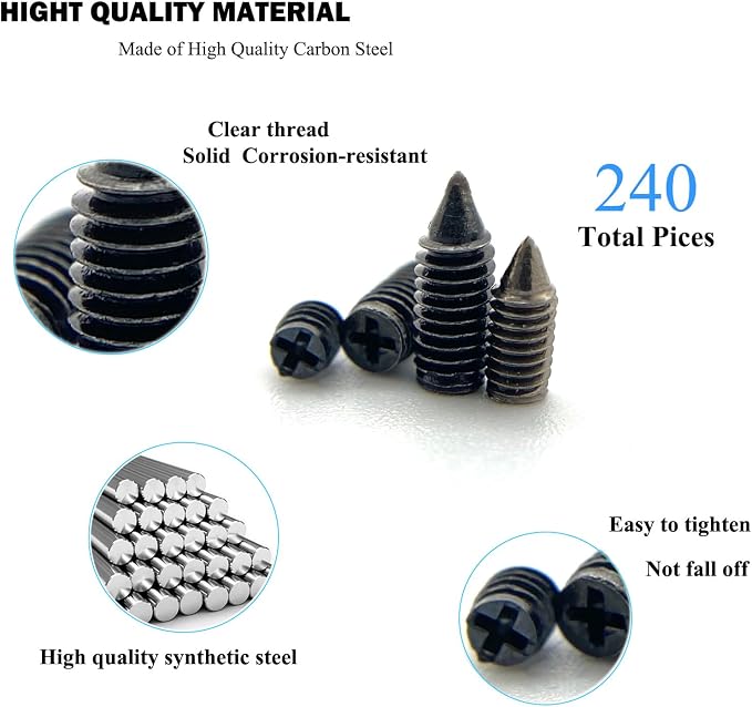 240 pcs Nickel Plated Tip Screws Pointed Cross Slot Leather Accessories 12 Sizes Belt Screws Include M2*3-M2*6, M2.5 * 3-M2.5 * 8, M3*3-M3*8 with 2mm Screwdriver for Belt Buckle Wallet Handbag Black