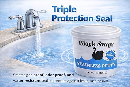 Black Swan Stainless Stay Soft Plumbers Putty, 14oz - Crack-Resistant, Ideal for Sink Drain, Faucets & Fixtures, Stretchable Plumbers Putty