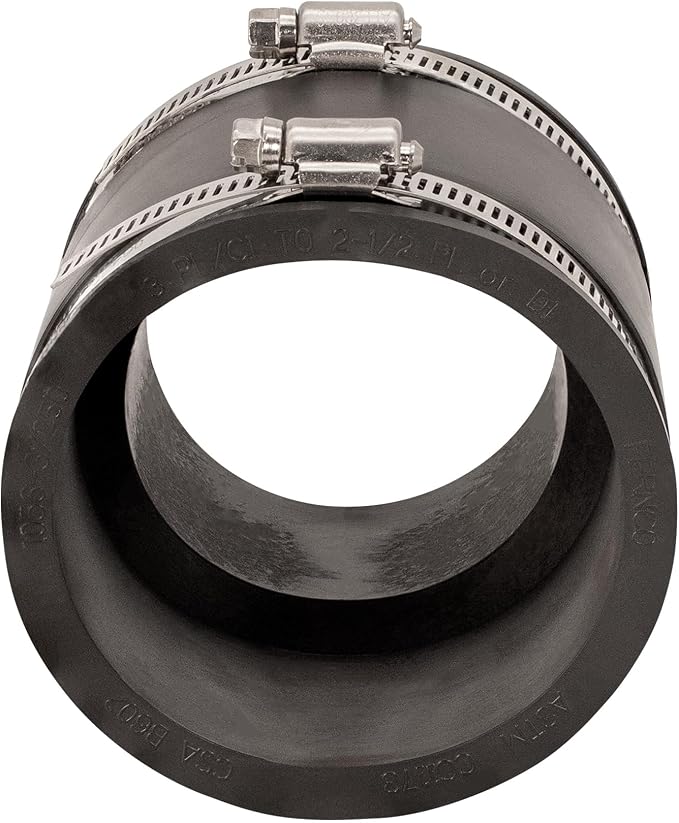 Fernco P1056-3/250 3-in. x 2.5-in. Cast Iron, Plastic and Steel Pipe Flexible Reducer Coupling Connector Adapter in Black