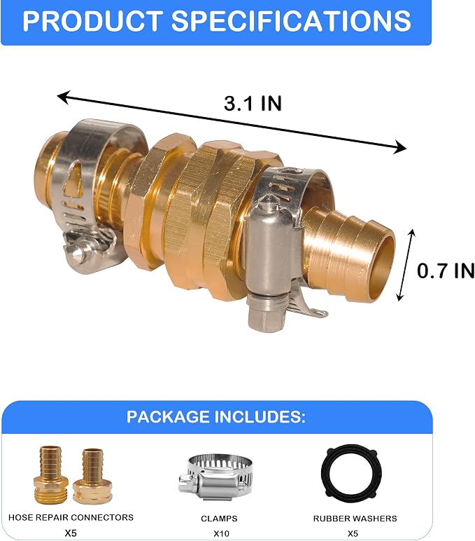 Hourleey Garden Hose Repair 1/2 Inch, Aluminum Mender Hose Connector Fitting with Clamp, Fit 1/2" Male & Female Hose Connector, 5 Sets