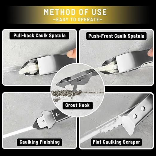 Silicone Caulking Tools Kit Stainless Steel Grout Removal Tool,4 in 1 Tile Caulk Remover Tool,Caulk Tool Sealant Scraper Finishing Tools for Kitchen Bathroom Floor Window Sink Joint Siding