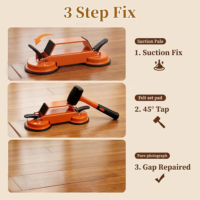 Floor Gap Fixer Tool 2026 New Heavy Duty Floor Gap Repair Tool with Enhanced Suction Cup & Mallet and 5pcs Sticky Pads for Laminate Vinyl Wood Tile Flooring (Orange)