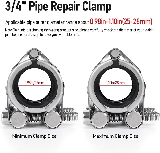 Upgraded Pipe Repair Clamp with M1 Self-Adhesive Leak-Sealing Tape | 304 Stainless Steel Rust-Proof Emergency Pipe Repair Kit for Plastic & Metal Pipes, 3/4"(25-28mm)