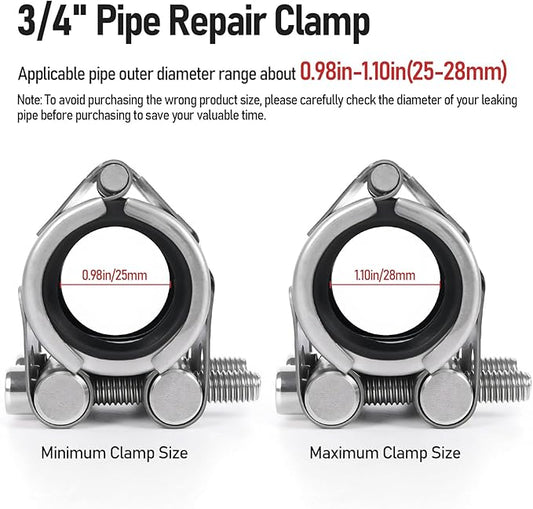 Upgraded Pipe Repair Clamp with M1 Self-Adhesive Leak-Sealing Tape | 304 Stainless Steel Rust-Proof Emergency Pipe Repair Kit for Plastic & Metal Pipes, 3/4"(25-28mm)