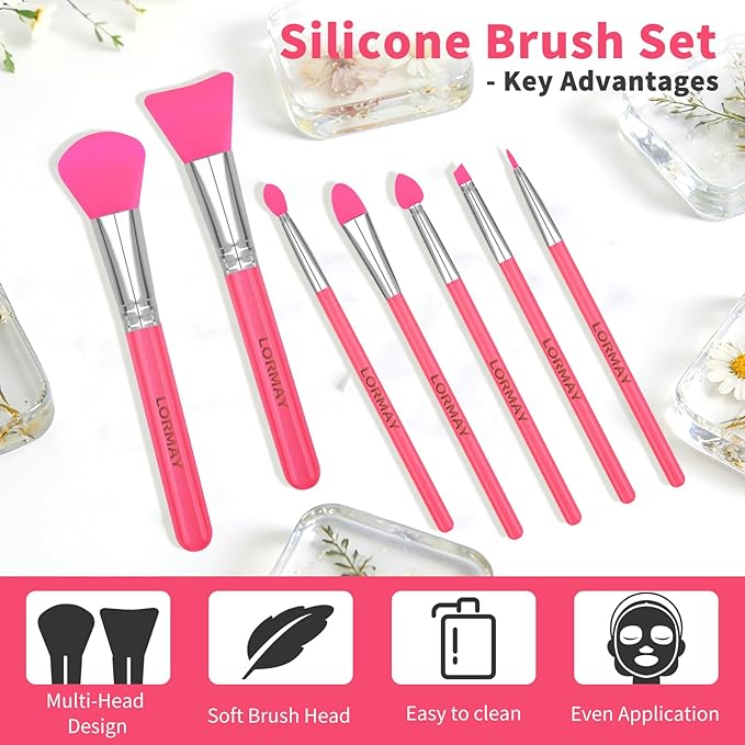 LORMAY 7 Pcs Silicone Brush Applicator Kit for UV Resin Epoxy Art Crafts and Cream Makeup Products (Red)