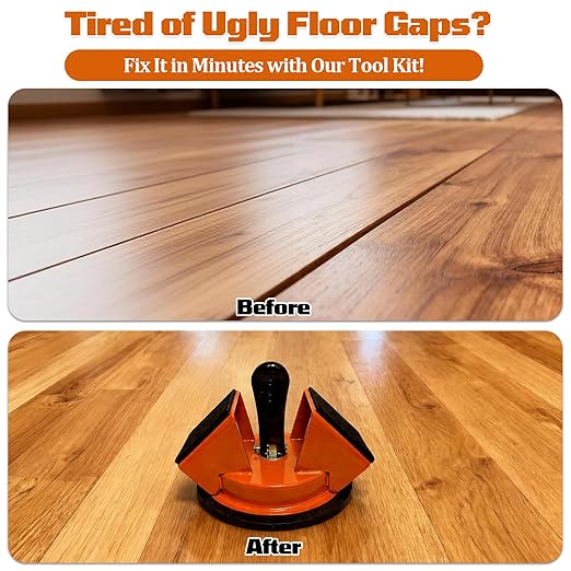 Floor Gap Fixer Tool with Strong Suction Cup & 45° Striking Surface,Includes Slot Cutter,Rubber Mallet,2 Felt Pads and 5 Clear Shims,for Laminate,Vinyl and Solid Wood Flooring Installation & Repair