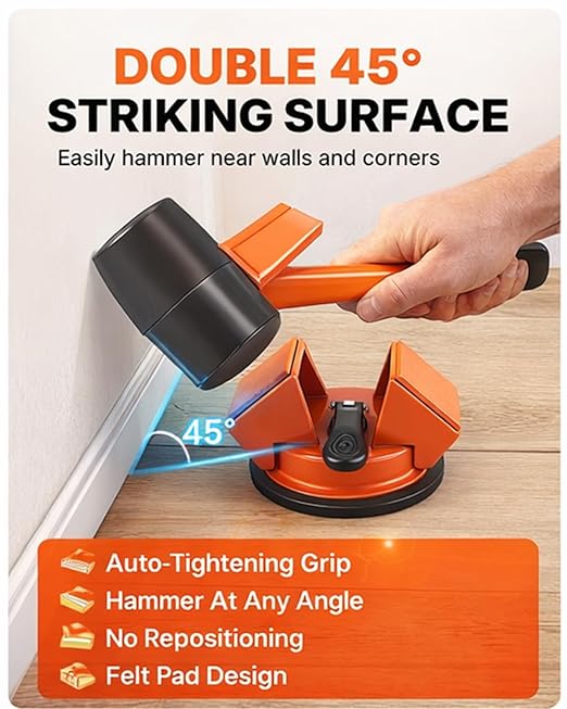 Floor Gap Fixer Tool 45° Striking Surface Pro, Laminate Flooring Repair Suction Cup Vinyl Plank Heavy Duty Iron Grabber Reusable Kit with Sticky Pads Cutter for Wood Tile Lvp Floating(#A-2pcs)