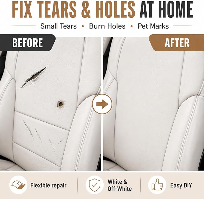 Leather & Vinyl Repair Kit for Boat, Car Seat, Furniture, Couch, Bag, Shoe | White, Cream, Gray, No Skills Needed, for Scratch, Tear, Crack, Hole, Peel & Burn on Faux Upholstery, Sofa, Purse, Jacket, RV