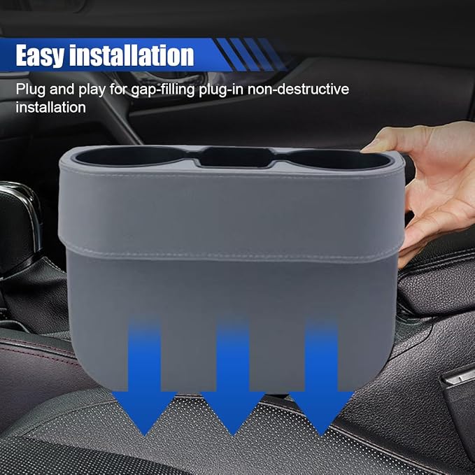 KITUREK Car Cup Holder, PU Leather Cover Auto Front Seat Organizer, Grey | Multifunctional Cup Drink Holder, Gap Filler Coin Bucket Storage Box, Console Side Pocket, Cell Mobile Phone Holder