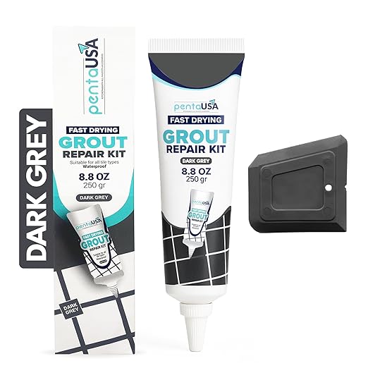 PentaUSA Tile Grout Repair Kit - Premixed Acrylic Sanded Grout for Bathroom, Shower & Kitchen, Water-Resistant Tube with Applicator, Fills Cracks and Gaps in Lines, Dark Gray (8.8oz/250gr)