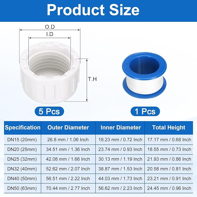 uxcell 5Pcs 1/2 Inch PT Female Thread PVC Pipe Fitting Cap, Cleanout Water Drain End Caps, Pipe Plug Socket Fittings with Tape for Water Heater Supply Lines, Plumbing, White