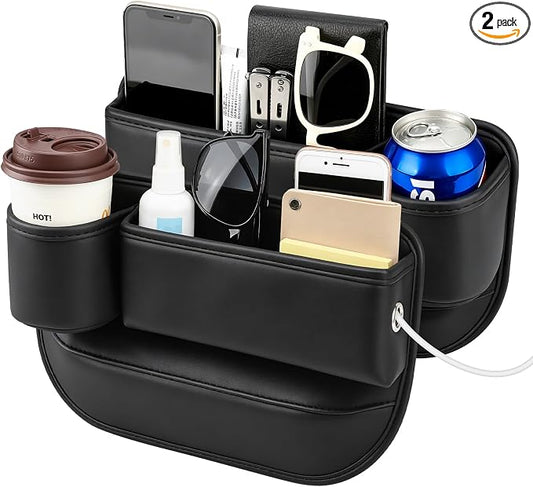 Universal Fit Car Seat Gap Filler Organizer, Premium Leather Console Organizer with Cup Holder, Easy Access to Phone Keys Glasses Wallet, Gifts for Car SUV Truck Owners, Black, 2 Pack