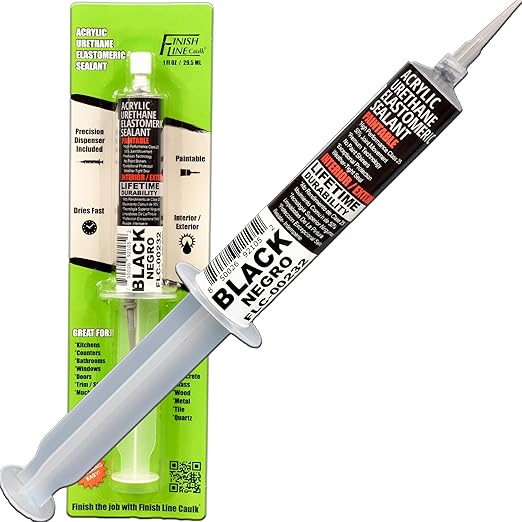 – Acrylic Urethane Elastomeric Sealant – Pre-Filled Precision Caulk Gun – Black – 1 oz Tube – Flexible & Durable Sealant for Trim, Baseboards, and Small Cracks *Dries Gloss Black