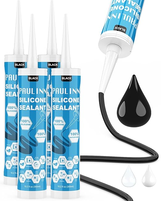 PAULINN Silicone Sealant Black, 100% Silicone Caulk Waterproof for RV, Kitchen, Bath, General Use, Window, Door, Glass, Marine, 10.2 Oz, 4 Packs