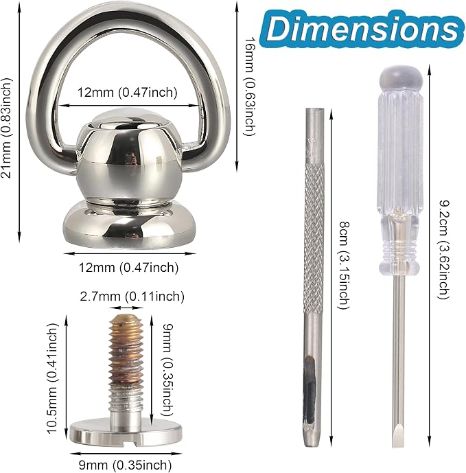 Notgia 4Pcs D Rings for Brass Rivets, Leather Rotatable Strap Hardware, Ball Button Studs, Chicago Screws - Handbag Purse Repair, Dog Collar, Leather Crafts (Silver)