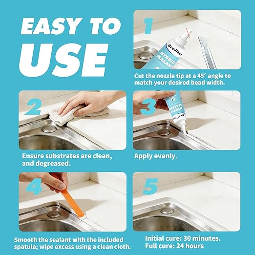 Breliter Hybrid Sealant - White Caulk for Bathtub, Bathroom, Kitchen Repair, 100% Waterproof Seal Adhesive for Tile, Stone, Metal & Glass, Paintable, Flexible & Durable (5.3 oz)