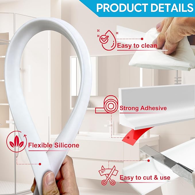 67" Shower Threshold Water Dam Silicone Shower Water Guard Collapsible Shower Door Bottom Seal Shower Splash Guard for Wet and Dry Separation