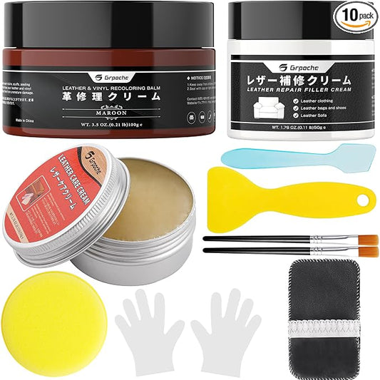 Leather Recoloring Balm Red Brown, Mink Oil Leather Conditioner & Leather Filler Cream, Leather Repair Kit for Furniture,Vinyl Repair Kit Restore Couches, Car Seats, Purse, Scratch, Peeling,Burn Holes