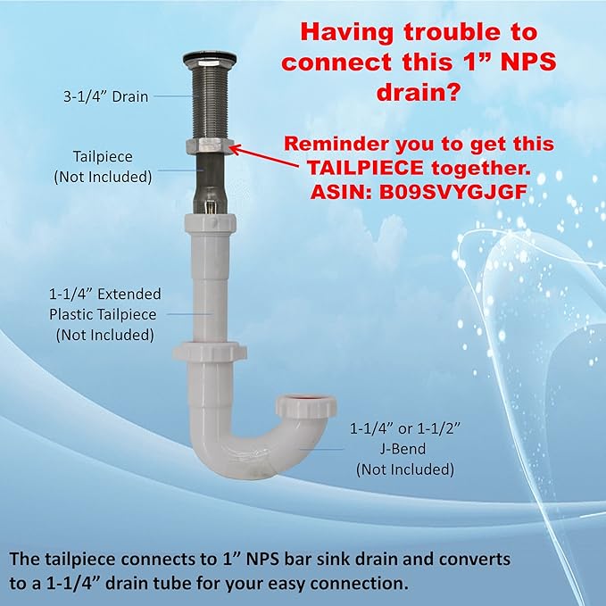 Stainless Steel Bar Sink Drain 1" Nominal Pipe Size (1" NPS) for 1-3/8" Sink Opening