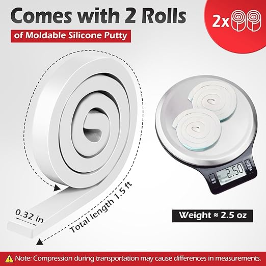 Moldable Silicone Putty, Non Hardening Multi Purpose Duct Seal Compound for Metal, Glass, Wood, Ceramic, Crafts, Heat Resistant and Waterproof, 1.5 ft x 0.32 in(White,2 Pack)