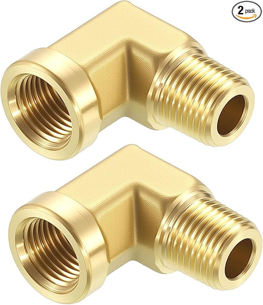 Pack of 2, 90 Degree 1/8" NPT FeMale to 1/8" NPT Male Solid Brass Barstock Street Elbow, Forged Pipe Fitting for Pipe Leak Repair, Bathroom Remodeling, Tool Extensions, Compression