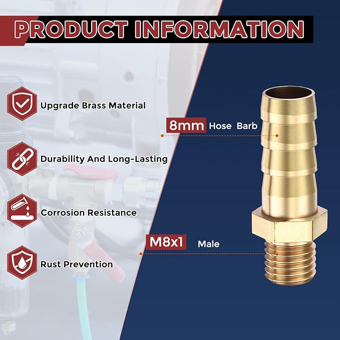 Pack of 4 Brass Hose Barb Fittings Adapter Connector 8mm Hose Barb to M8x1 Male Fittings for Home Machines, Massage Bathtubs, and Irrigation Systems