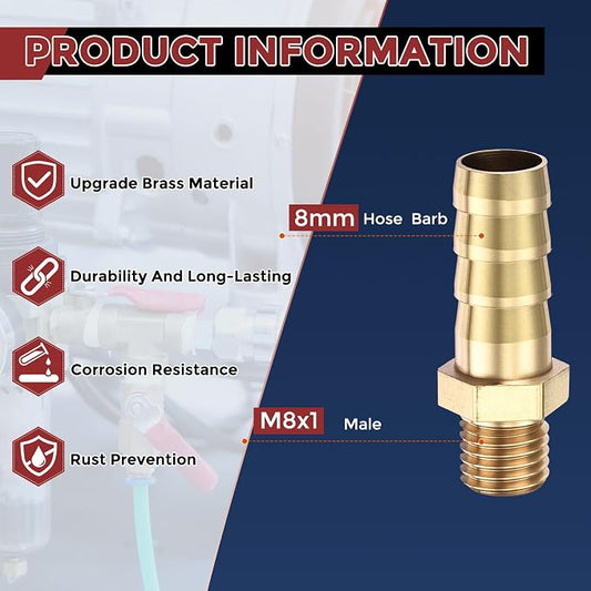 Pack of 4 Brass Hose Barb Fittings Adapter Connector 8mm Hose Barb to M8x1 Male Fittings for Home Machines, Massage Bathtubs, and Irrigation Systems