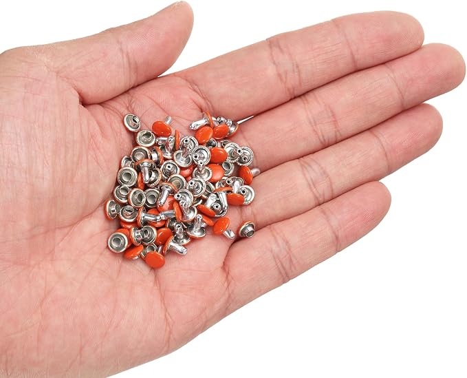 HARFINGTON 100 Sets Double Cap Leather Rivets, 6x6mm Round Cap Tubular Metal Studs Leather Crafting Rivets for Fabric Belt Pet Collar Boot Bag Repair and Decoration, Orange