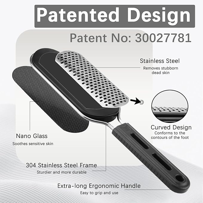 FREATECH Nano Glass & Stainless Steel Foot File 2-in-1 Foot Rasp for Callus Remover, Professional Pedicure Tool for Hard Cracked Dead Heel Skin, Smooth Exfoliating Heel Care for Home Spa Shower