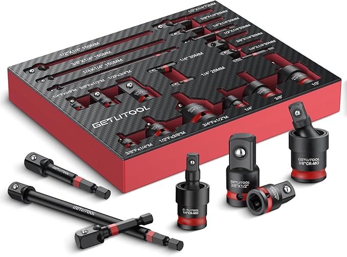 GETLITOOL 20Pcs Socket Adapter Set, Universal Joint Socket Set with Drive Adapters & Extension Bars, 42CRMO Steel, Rust-Resistant, EVA Foam Organizer for DIY, Automotive, and Repairs