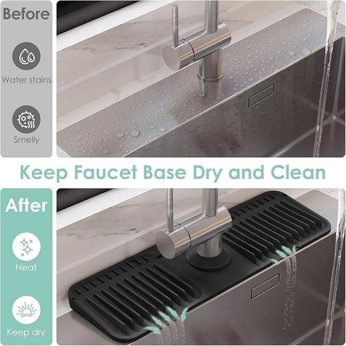 24 Inch Silicone Faucet Mat for Kitchen Sink Splash Guard - 7° Slope Water Draining Mat With Fasten Button for Bathroom Area (Black, 17.7''x5.5'')