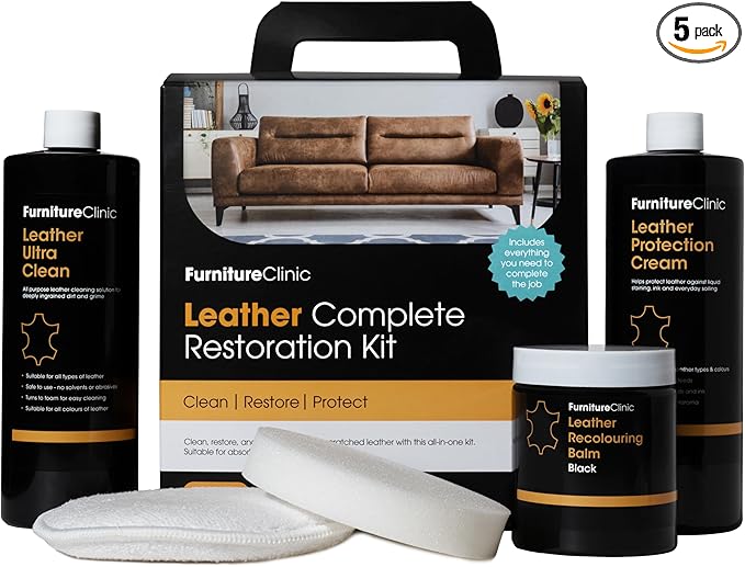 Furniture Clinic Leather Complete Restoration Kit | with Leather Recoloring Balm, Cleaner, 2-in-1 Protection Cream & Conditioner, Sponge, and Cloth | Repair Kit for Furniture (Camel)