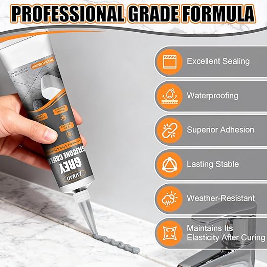 JAOJAO Gray Caulk, Waterproof Gray Silicone Caulk Excellent Adhesion Long-Lasting Flexibility Stable Performance Widely Applicable for Kitchen Sinks Bathrooms Doors and Windows, 100ml