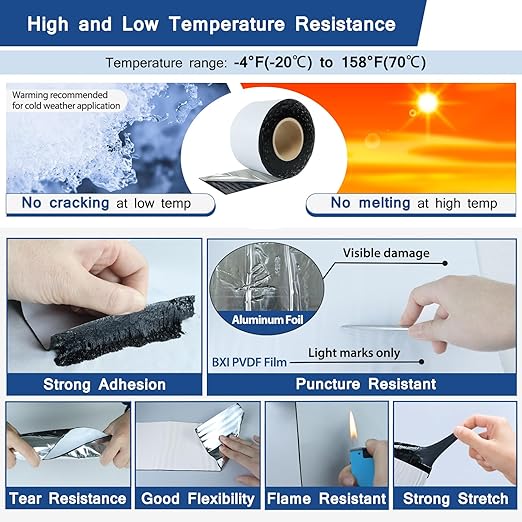 BXI Fluorocarbon Film Asphalt Waterproof Tape, 12 Inches X 32 Feet, Weatherproof Sealing Membrane, Self-Adhesive SBS Modified Bitumen Flashing Sealant Patch, Seam Leak for Roof Window Driveway Repair