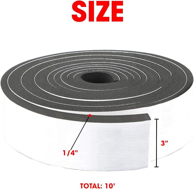 Neoprene Foam Strip Roll by Dualplex, 3" Wide x 10' Long 1/4" Thick, Weather Seal High Density Stripping with Adhesive Backing – Weather Strip Roll Insulation Foam Strips