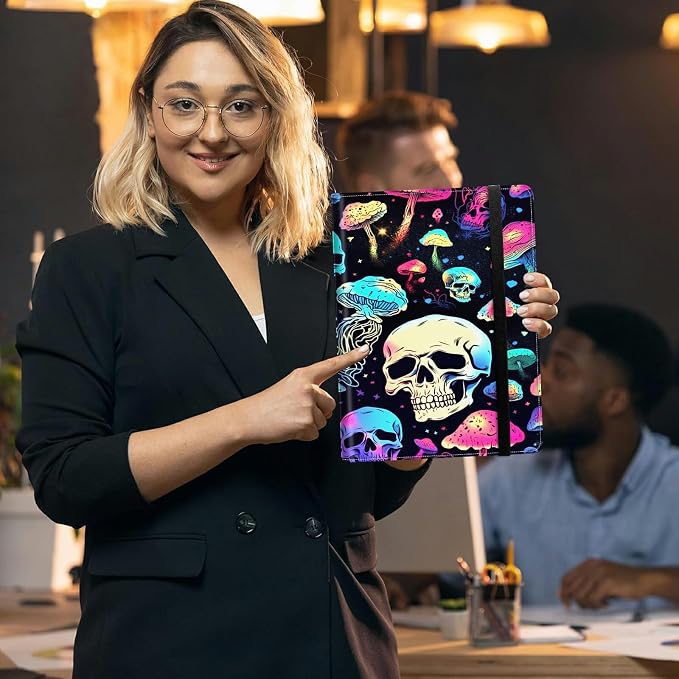 Padfolio Folder with Clipboard,Portfolios Organizer Clipboards with Storage Clipboard Writing Pad PU Leather Conference Document Organizer with Business Card Holder,Mushroom Skull