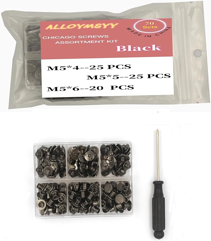 70 Set Gun Color Chicago Leather Rivets Set Screw Rivets M5 Chicago Binding Screws Trim and Repair Leather Craft Belt, Bag, Shoe, Purse Binding (3 Sizes M5*4,5,6)